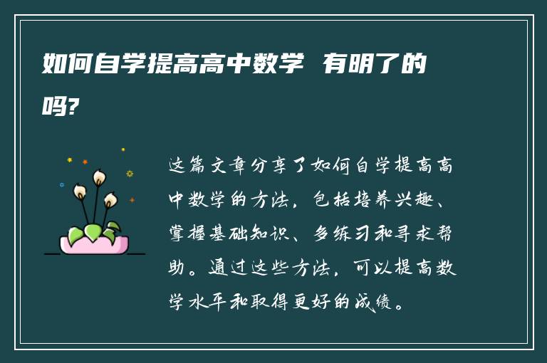 如何自学提高高中数学 有明了的吗?