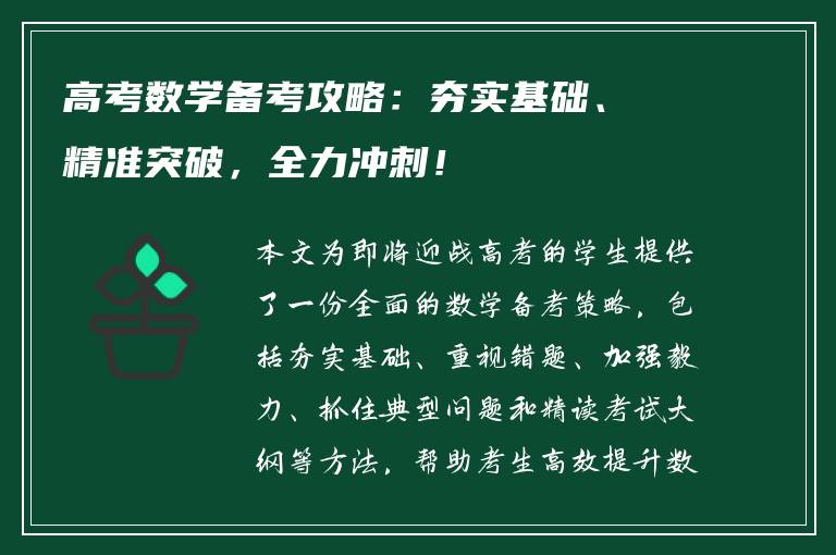 高考数学备考攻略：夯实基础、精准突破，全力冲刺！