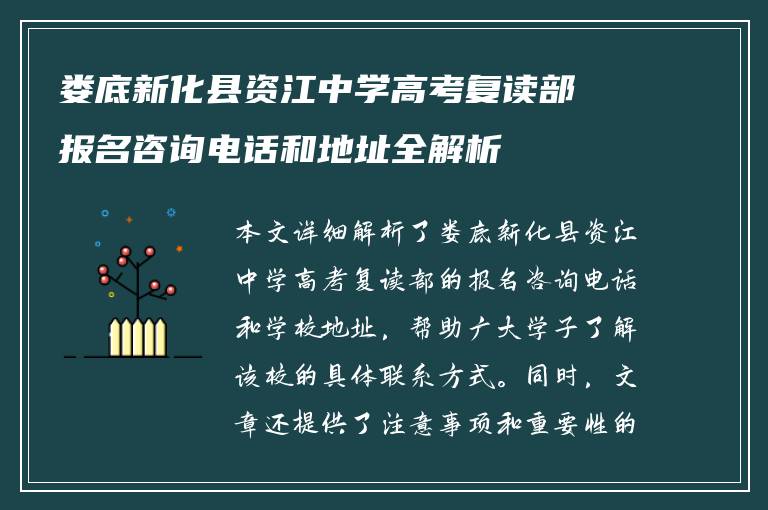 娄底新化县资江中学高考复读部报名咨询电话和地址全解析