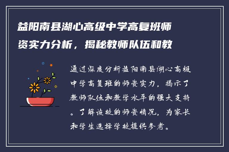 益阳南县湖心高级中学高复班师资实力分析，揭秘教师队伍和教学水平的强大支持