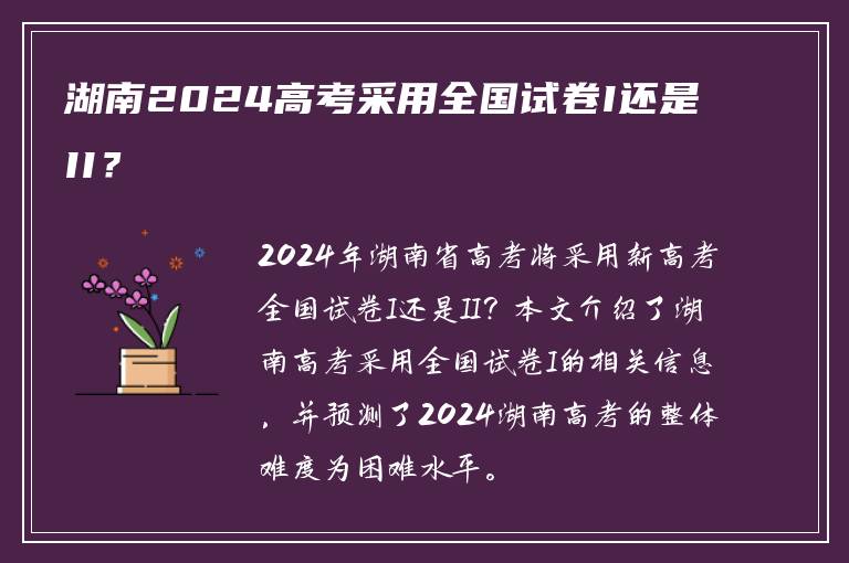湖南2024高考采用全国试卷I还是II？