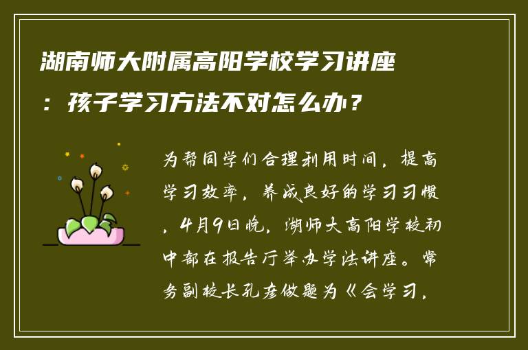 湖南师大附属高阳学校学习讲座：孩子学习方法不对怎么办？