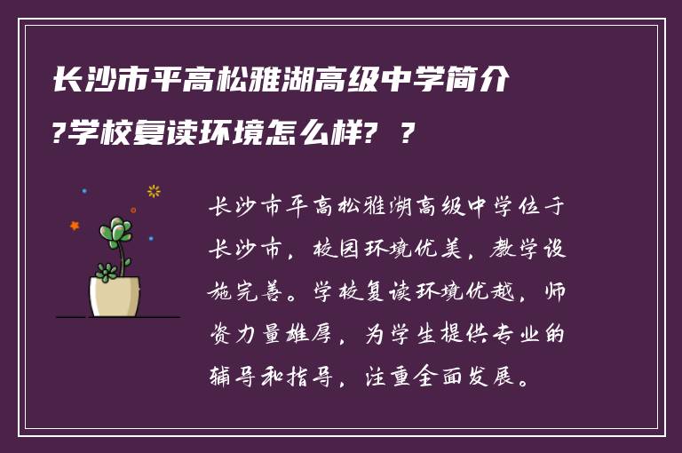 长沙市平高松雅湖高级中学简介?学校复读环境怎么样? ?