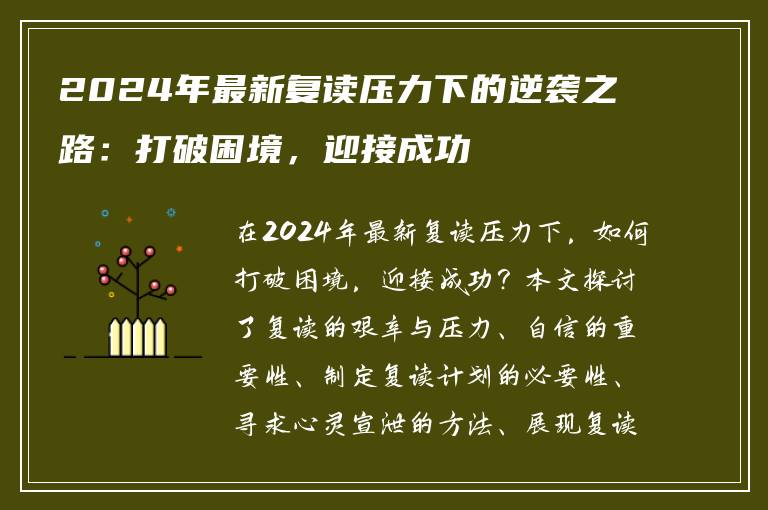 2024年最新复读压力下的逆袭之路：打破困境，迎接成功